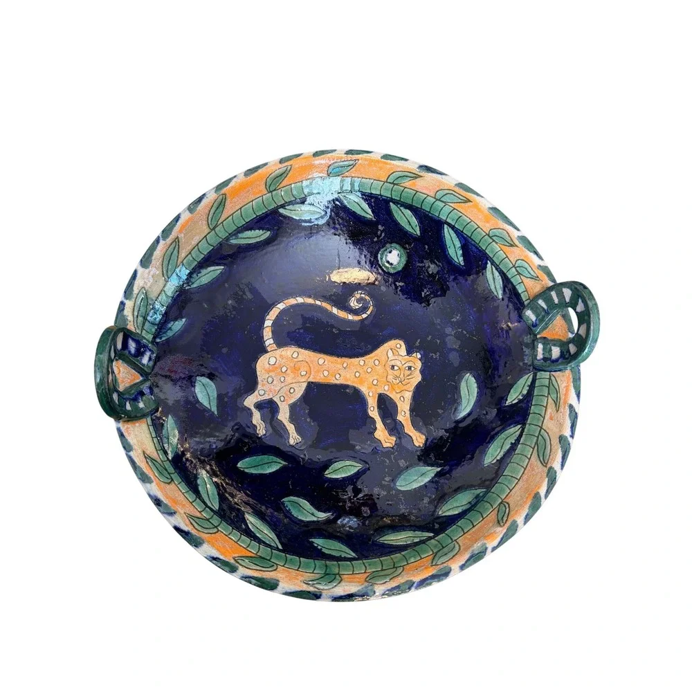 Artisan Pottery Leopard Serving Bowl Blue Hand Painted Folk Art 14